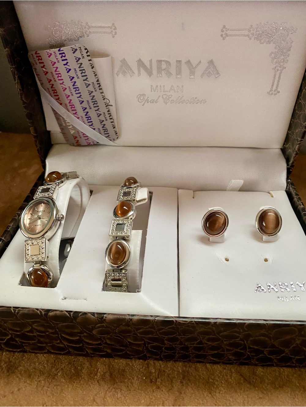 Ariya Milan Opal Collection Brown stones, watch, bracelet, earrings set w/box